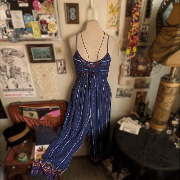 Flying Tomato Pants - Striped Wide Palazzo Leg Jumpsuit Women's Small Blue Strappy Bohemian Print